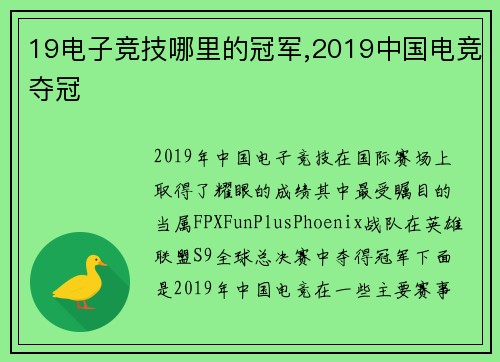 19电子竞技哪里的冠军,2019中国电竞夺冠